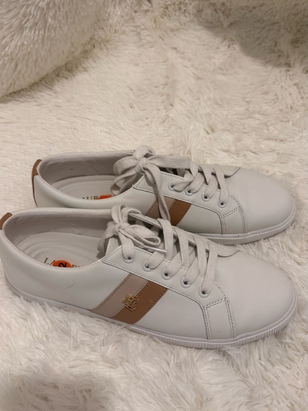 Ralph Lauren White Sneakers with Tan Stripe